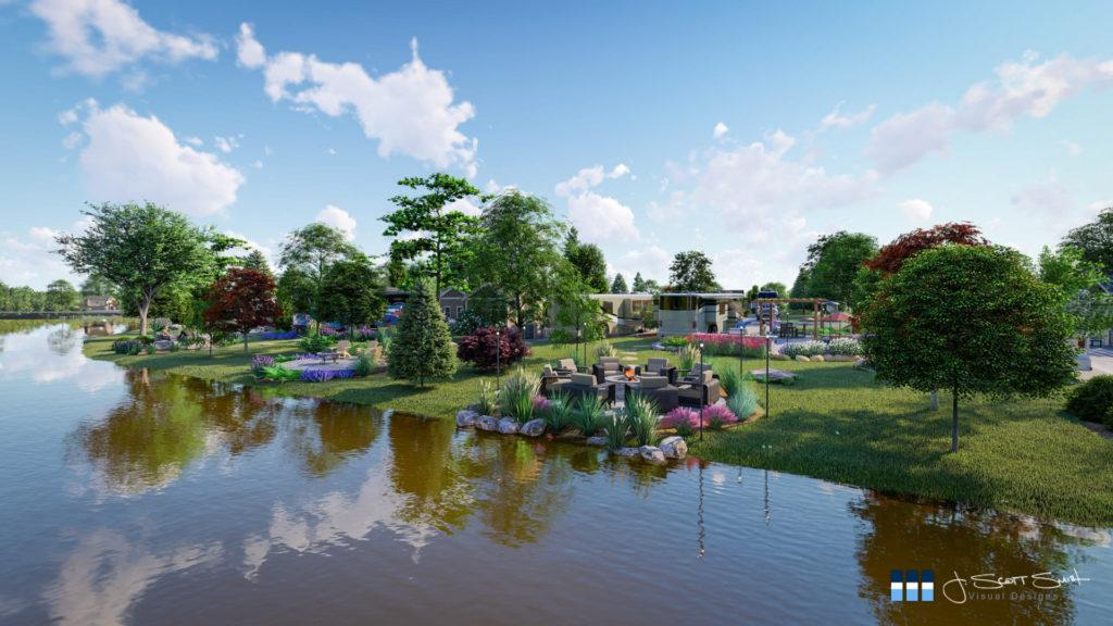 Architectural rendering of rv park pond 3D design model