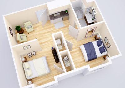 Architectural 3D rendering apartment floorplan view