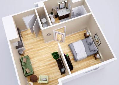 Architectural 3D rendering apartment floorplan view