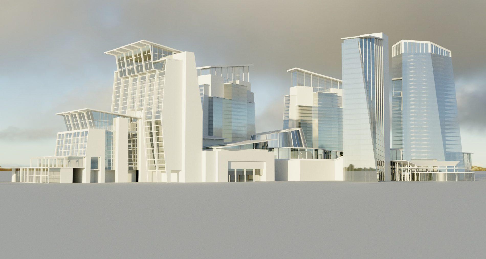 architectural 3D clay rendering resort skyscrapers