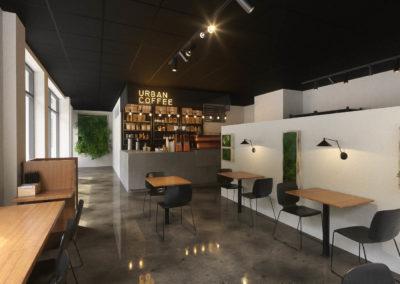 Architectural 3d rendering live work space coffee shop