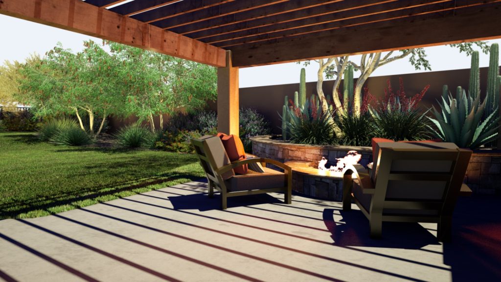architectural 3D rendering desert house exterior with firepit