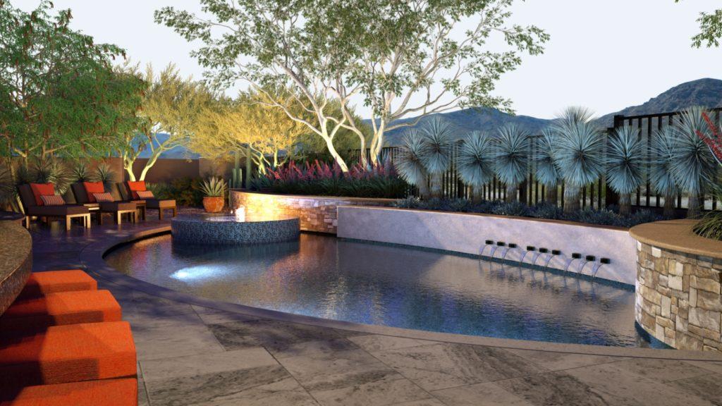 architectural 3D rendering desert house exterior with pool