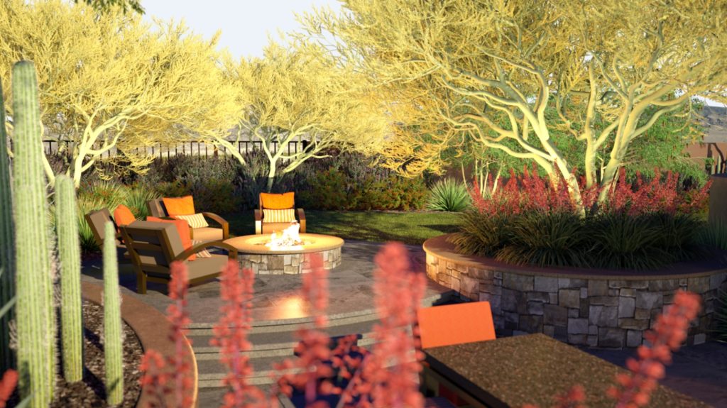 Image shows an outdoor sitting space complete with landscaping and seating. The sun is shining down.