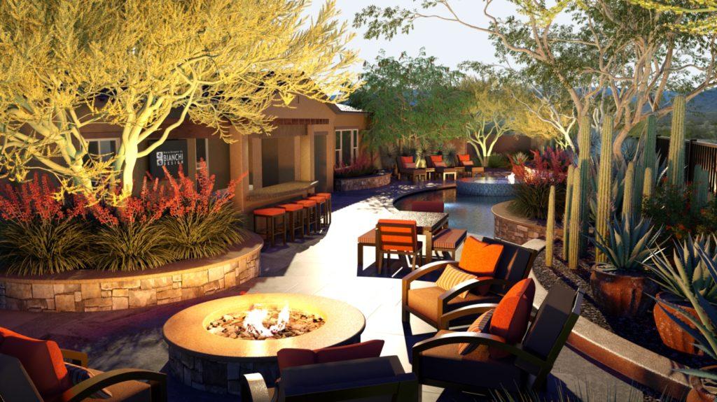 architectural 3D rendering desert house exterior with firepit and pool