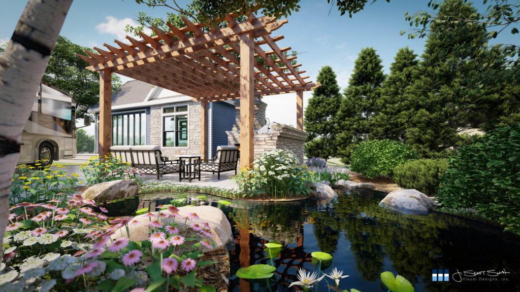 architectural 3D rendering pergola pond flowers