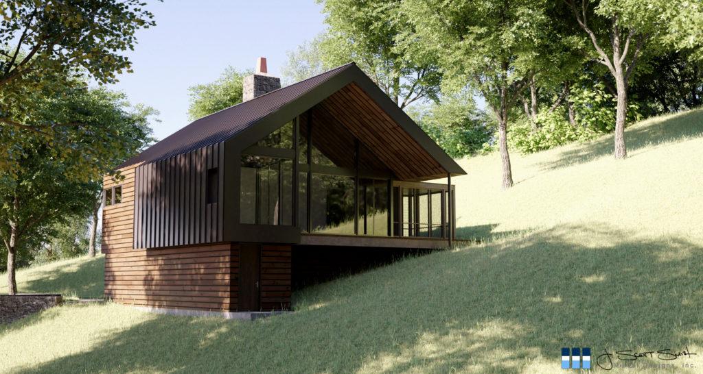 architectural 3D rendering modern house exterior brown wood siding