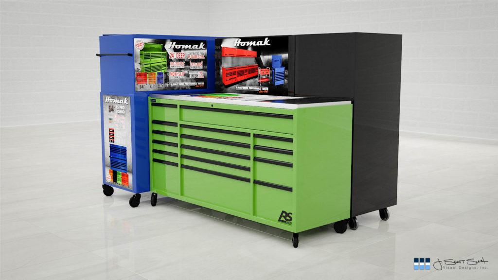 3D rendering homak tool storage units in black blue and green