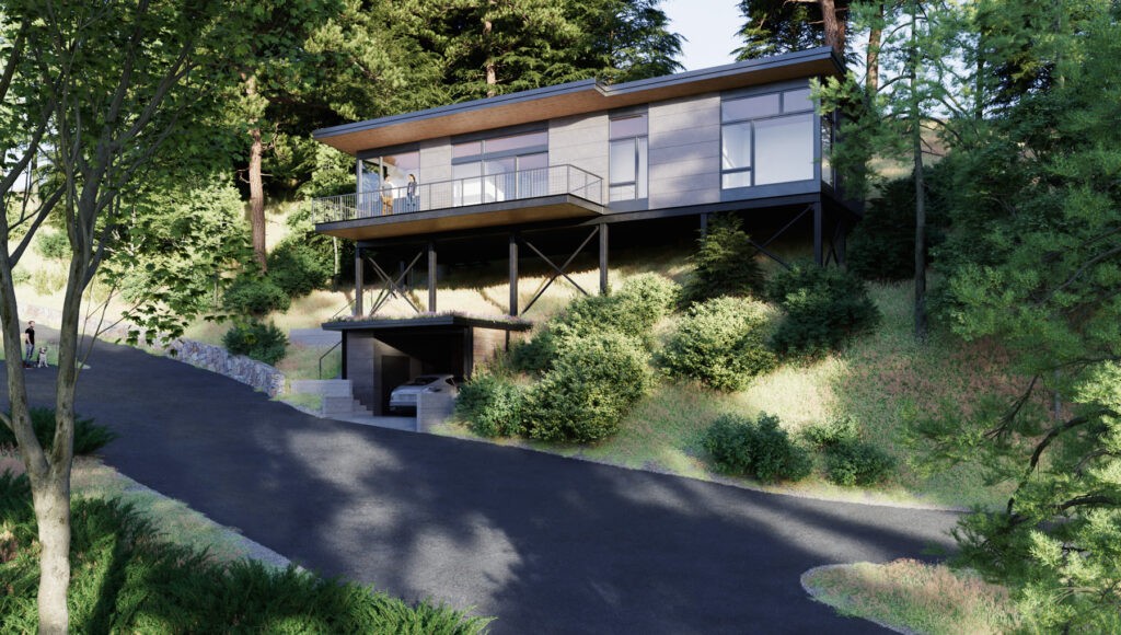 A rendering showing a house design, modern looking, on a hillside. Two people are on the porch, it is sunny out and there are trees around the home.
