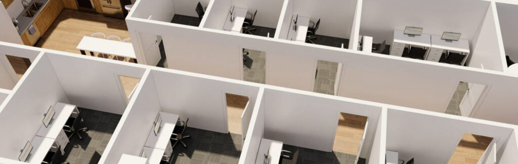 This image shows a 3D rendering of an office building inside including the desks and doors.
