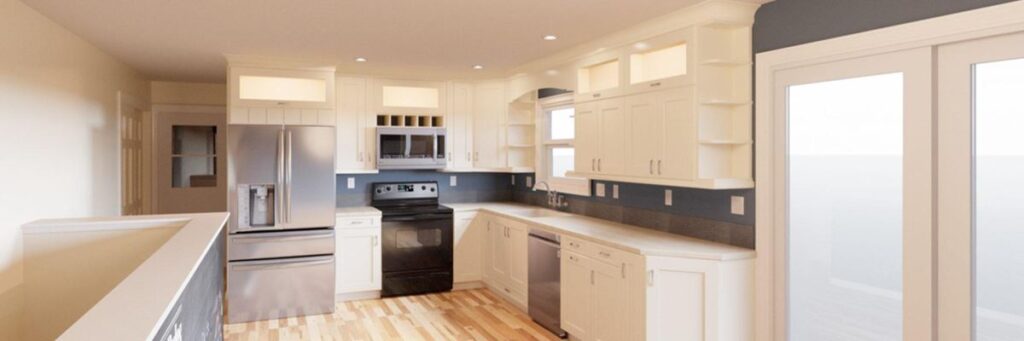 Image shows a rendering of a kicthen. The cabinets are white, and there is a black backsplash behind the counter. The fridge is silver and the walls are white. There is a window above the sink.