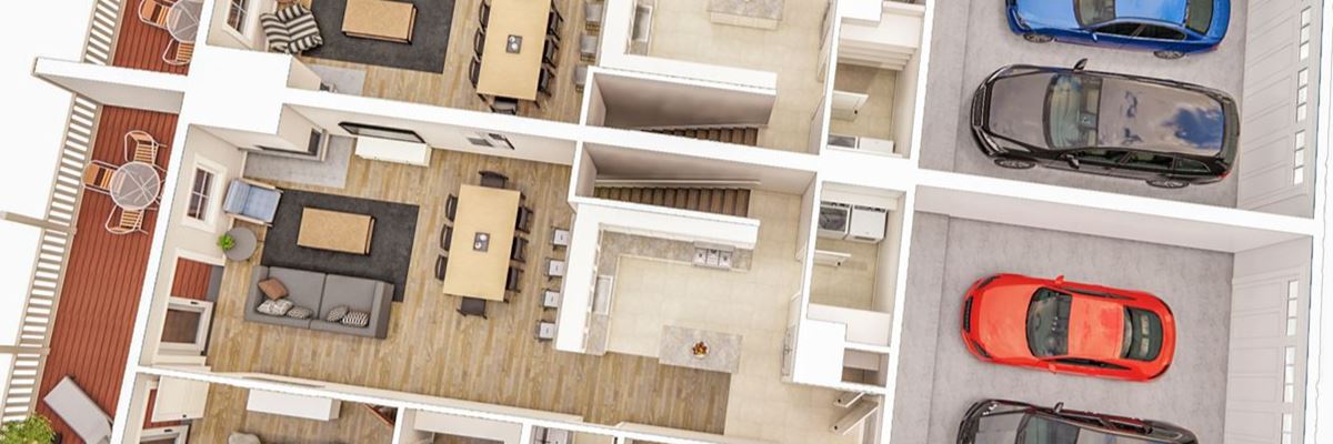 This is an example of a rendering, which can help convey architectural trends. Image shows a rendering from above looking down into an apartment or office, there are no ceilings and you see within the building.