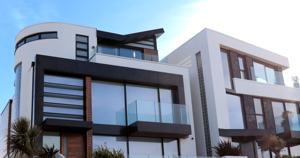 Modern home architecture against a blue sky.