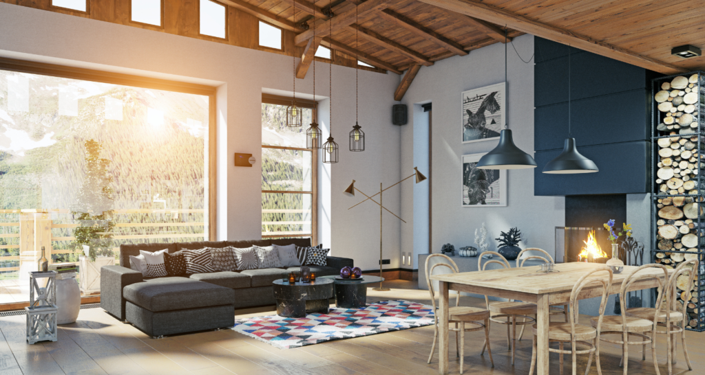 An image of the interior in a home, including a couch, nice windows, a table, and boxy lighting. You won't be able to see evidence of insulating interior walls here.