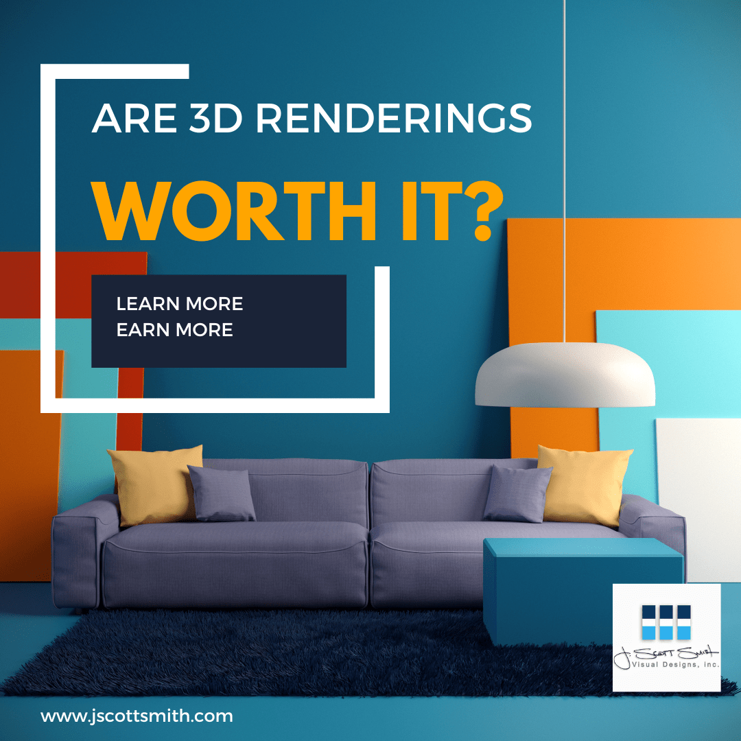 An example of 3D visualization services. A living room, with a blue couch and orange pillows is show. The walls are blue with colored blocks on the back. Words say "are 3D renderings worth it?"