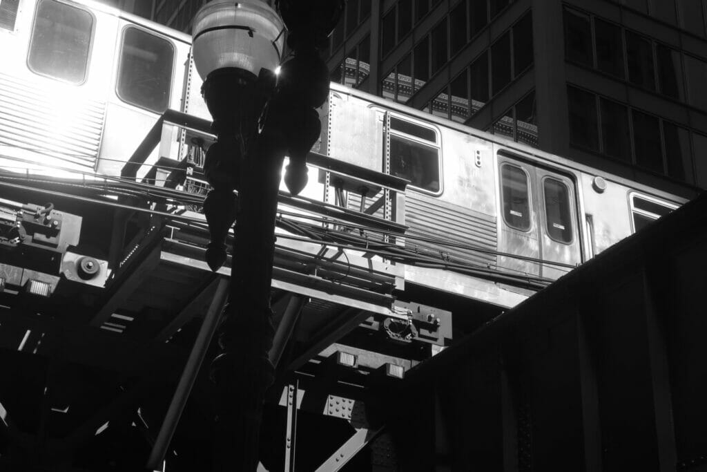 A black and white image of a Chicago subway car. This is not an example of architectural visualization in Chicago.